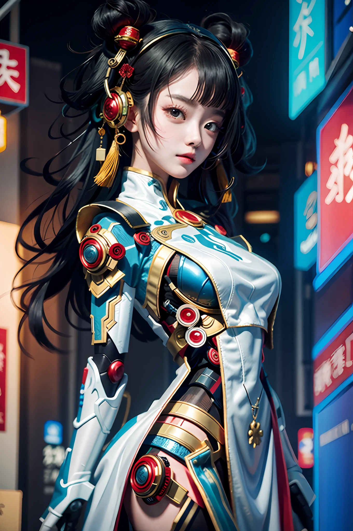 A girl, full body, clear facial features, amazing facial features, beautiful eyes, ancient Chinese costumes, Chinese cyberpunk, cyberpunk city headwear, hair accessories, super complex design, mechanical mecha, technology, stunning lighting, C4D, OC rendering, cinematic edge light, fine light, masterpiece, super detail, epic composition, ultra HD, high quality, 32k