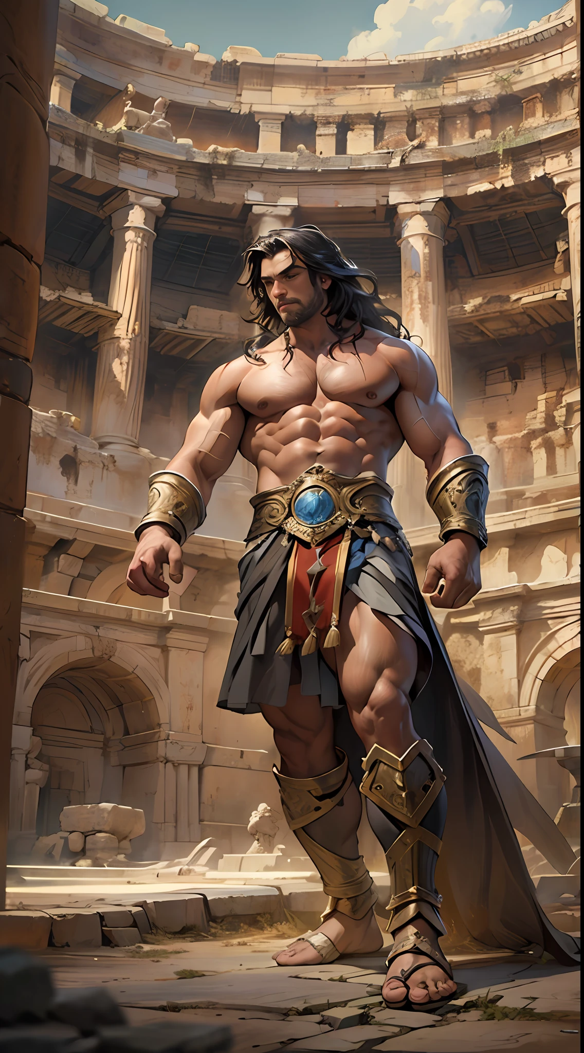 Muscular gladiator,Upper body revealed, legs uncovered from thighs to feet, flowing long curls, intricate muscular details, photorealistic artwork. Background: Ancient Roman arena.,32k uhd, best quality, masterpiece, super detail, high details