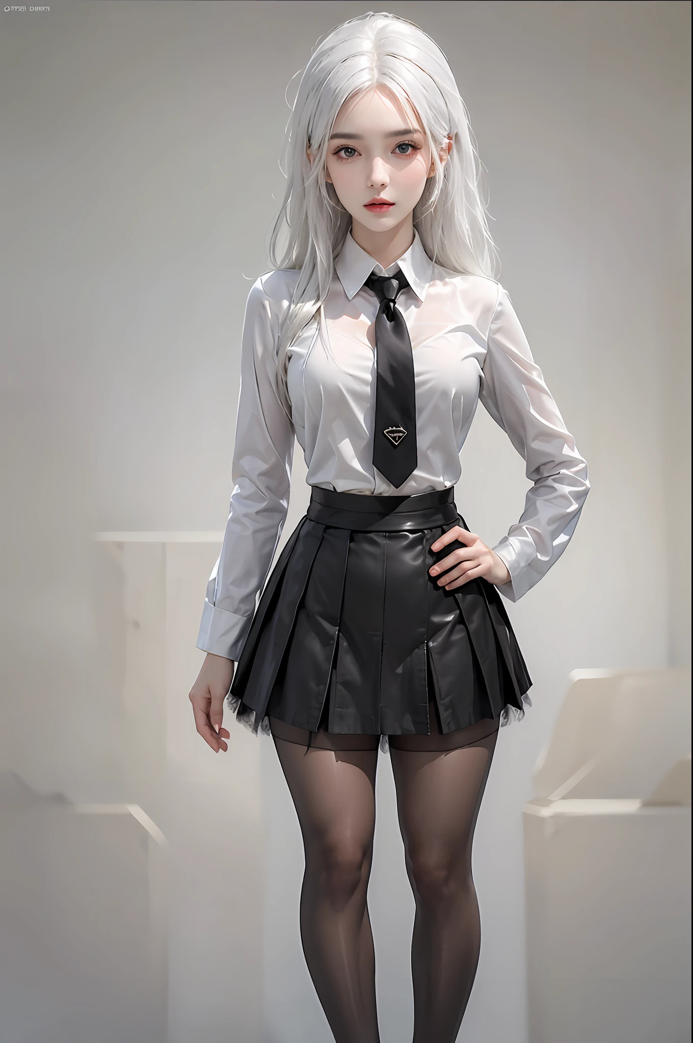 photorealistic, high resolution, 1 women, solo, hips up, beautiful eyes, detailed face, white hair, long hair, collared shirt, black necktie,black skirt, pencil skirt, fur coat, black stockings