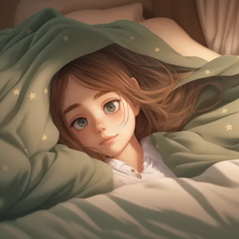 there's a cute girl lying on a bed with a green blanket, the illustration is a high-definition illustration in 4k resolution wit...