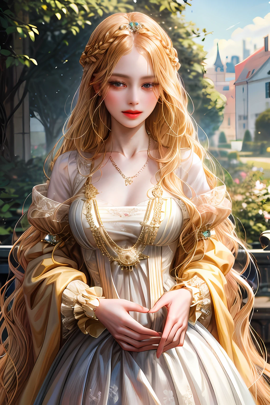 (absurdres, highres, ultra detailed), 1girl, solo, mature, (very long hair, blonde hair), Baroque, Necklace, long dress, long sleeve, elegant, colorful, highest detailed, upper body, outdoors, garden