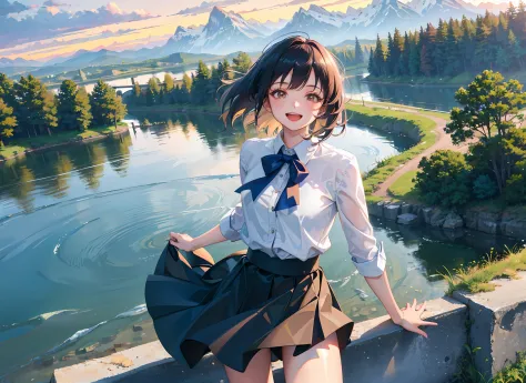 best quality, masterpiece, kat, summer, wind skirt, wind hair, running, river, mountain, forest, nature, detailed reflex, sunset, cinematic lighting, caustics, (wide shot:1.1), detailed cute girl, mountain road, overlook, smile, open mouth,