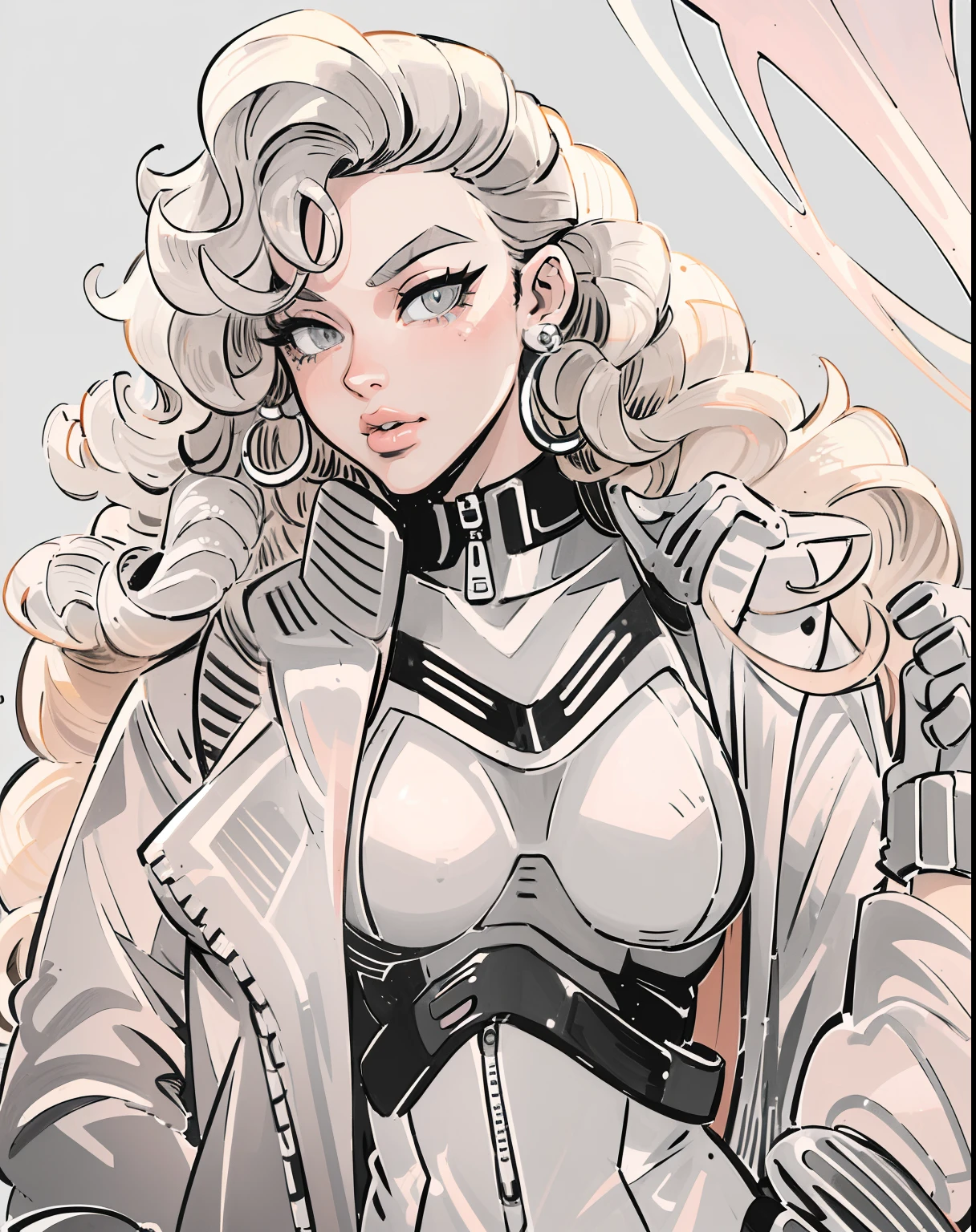 (masterpiece:1.5), (best quality:1.5),inksketch, 1girl, solo, pink gloves, gloves, blonde hair, lips, long hair, upper body, gradient background, small breasts, bodysuit, thick eyebrows, breasts, gradient, wavy hair, jacket, earrings, jewelry, grey eyes, nose, zipper, curly hair,none color