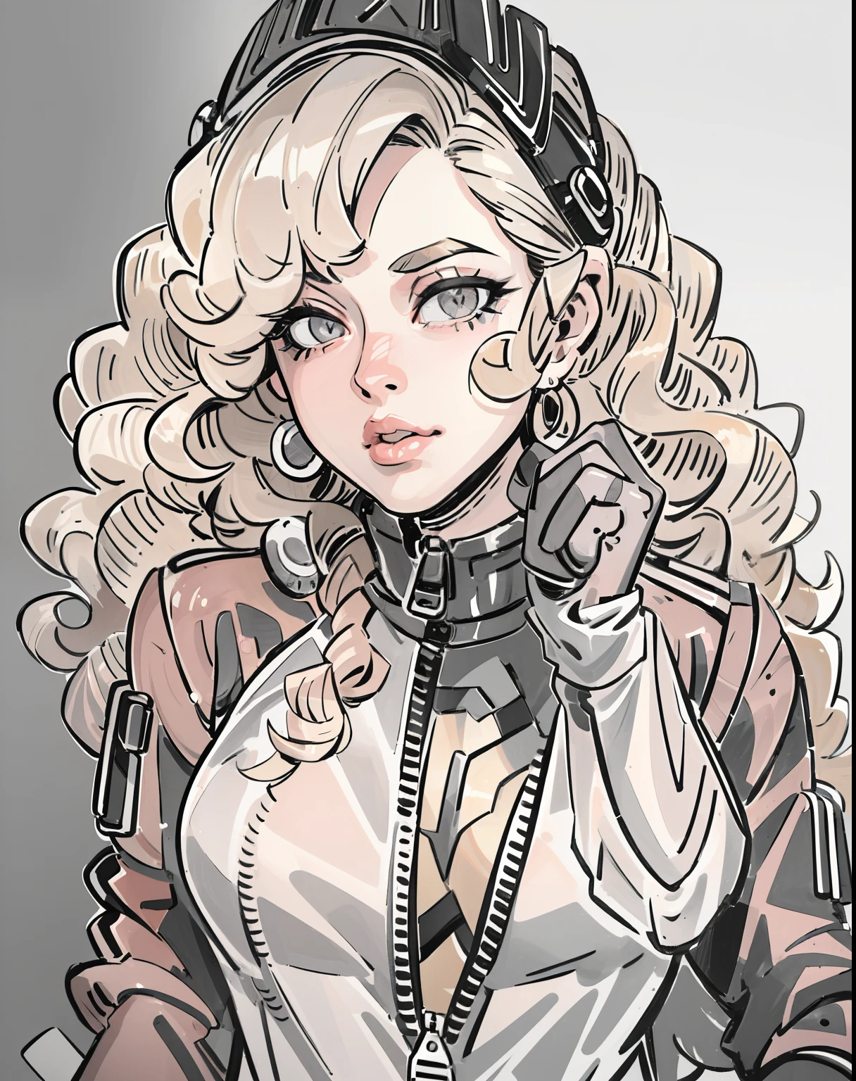 (masterpiece:1.5), (best quality:1.5),inksketch, 1girl, solo, pink gloves, gloves, blonde hair, lips, long hair, upper body, gradient background, small breasts, bodysuit, thick eyebrows, breasts, gradient, wavy hair, jacket, earrings, jewelry, grey eyes, nose, zipper, curly hair,none color