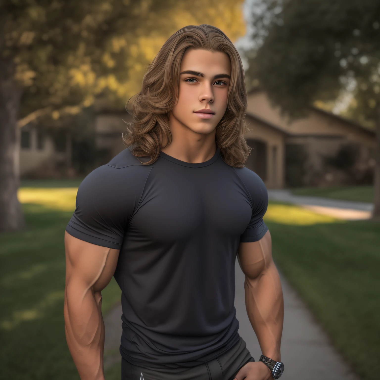 Um garoto fisiculturista de 18 anos, incorporando a fusão perfeita de Joey Lawrence e Cody Calafiore com cabelos longos, exalando uma aura de força e confiança. Aprimorado com tecnologia HDR, esta imagem retrata uma verdadeira obra-prima, Resolução 4k, iluminação externa, pose majestosa