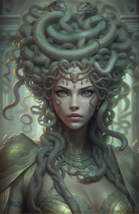 ((best quality)), ((masterpiece)), ((realistic)), Medusa, full body, the hair is composed of countless small snakes, green eyes, female face, metal carved top, royal aura, trend on artstation , sharp focus, studio photo, intricate detail, very detailed, de...