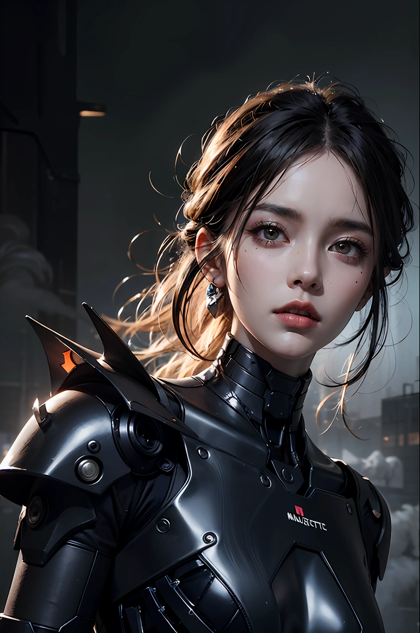 a beautiful woman cyborg warrior in the Style-RustMagic, cyberpunk augmentation, cyberware, cyborg, carbon fiber, chrome, implants, metal skull, cyber plate armor, (dark atmosphere:1.2), (fog & smoke), (dark night:1.3), scars, (dark medium length disheveled hair:1.1), (eyeshadow:1.1), (beautifully detailed glow:1.2), (Cinematic lighting), intricate detail, highres, rounded eyes, detailed facial features, sharp focus, smooth, aesthetic, detailed dark industrial factory background, stylish pose, dynamic pose, (dramapaint), (opt-6000:0.9)