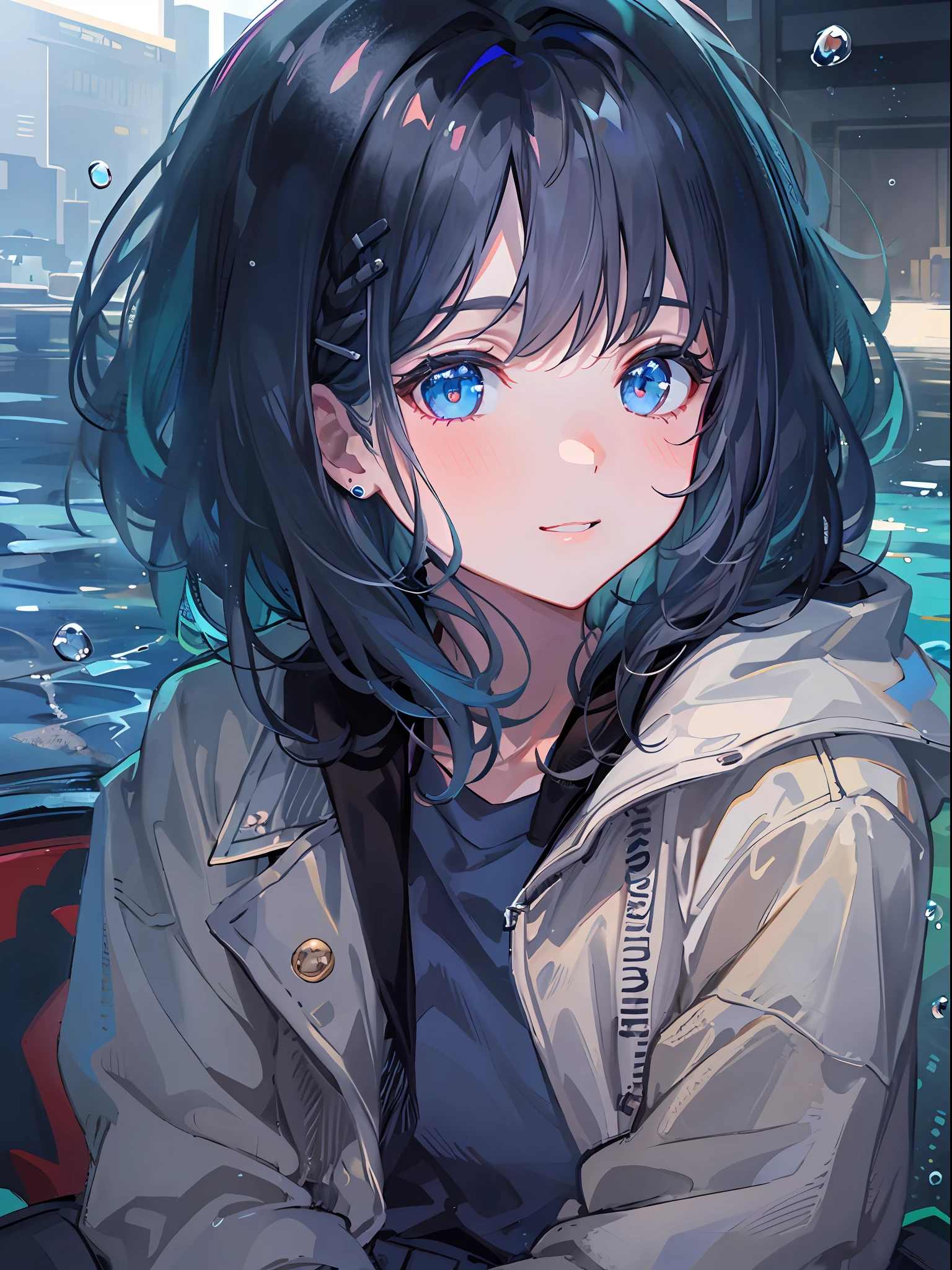 ((top-quality)), ((​masterpiece)), ((Ultra-detail)), (extremely delicate and beautiful), girl with, solo, cold attitude,((Black jacket)),She is very(relax)with  the(Settled down)Looks,A darK-haired, depth of fields,evil smile,Bubble, under the water, Air bubble,bright light blue eyes,Inner color with black hair and light blue tips,Cold background,Bob Hair - Linear Art, shortpants、knee high socks、Camisole inner shirt、Hands in pockets