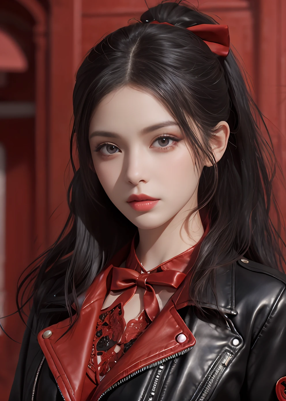 visual impact, Ultra-realistic 8k CG, masterpiece, ((ultra-detailed background, delicate pattern, intricate details)), best quality, very detailed face, extremely detailed eyes and face, extremely detailed eyes,1girl,long black hair, ponytail, red bow in hair, bright violet eyes, red leather biker jacket,