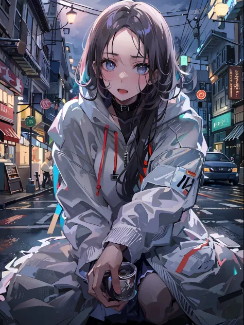 （tmasterpiece，best qualtiy：1.3），extremly high detail，复杂，8k，HDR，the wallpaper，cinmatic lighting，hoody， Short pleated skirt， the street， exteriors， Sateen， neonlight