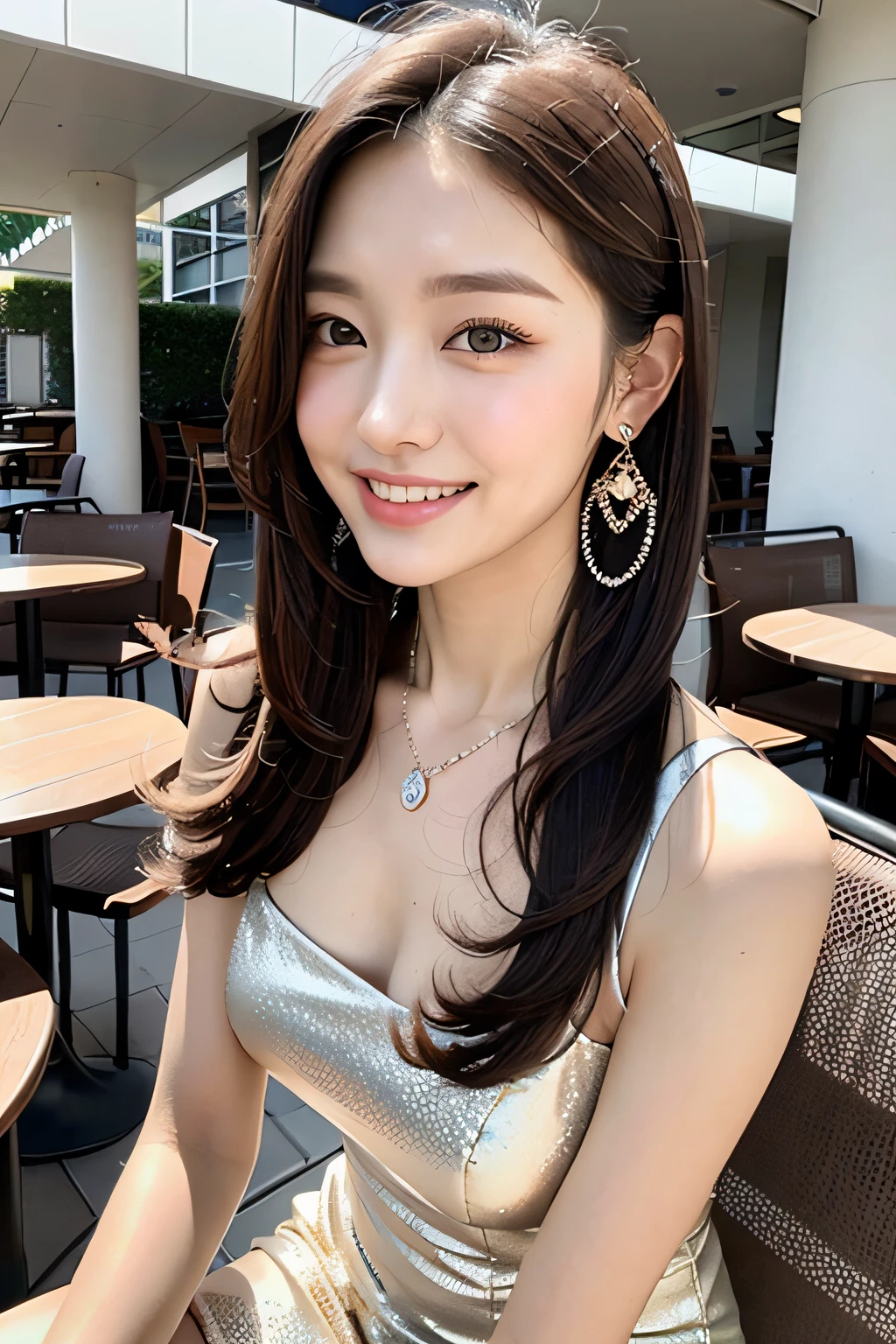 ((Innocent and cute girl: 1.3)), (focus on the face: 1.2), (Wearing a classy sleeveless Snowwhite dress: 1.3), (Snowwhite:1.2), ((Affectionate smile: 1.2)), Layered hairstyle, Brown hair, Medium Long Hair, medium large breasts, 
BREAK, 
(Full body shot: 1.2), looking at the viewer, (sitting opposite each other on the seats: 1.2), (In the outdoor stylish cafe), from below, 
BREAK, 
(Masterpiece: 1.3), Maximum resolution, Ultra HDTV, Cinema Light, Ultra HDTV, (Detailed eyes and skin), (Detailed facial features), HDR, 8k resolution, Sharp Focus: 1.2, Perfect style, Beautiful face, Highly detailed face and skin texture, Detailed eyes, Double eyelids, Thin eyebrows, Glitter Eyeliner: 1.2, Natural cheeks, shiny skin, fair skin: 1.2, shiny small neckless and earrings, (shiny lips: 1.4),