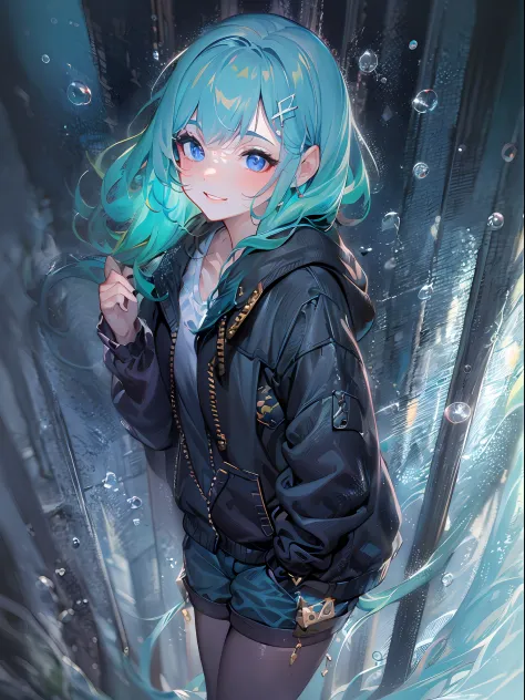 ((top-quality)), ((​masterpiece)), ((ultra-detailliert)), (extremely delicate and beautiful), girl with, 独奏, cold attitude,((Black jacket)),She is very(relax)with  the(Settled down)Looks,A dark-haired, depth of fields,evil smile,Bubble, under the water, Fa...