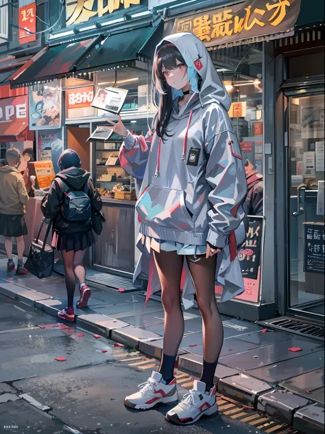 （tmasterpiece，best qualtiy：1.3），extremly high detail，复杂，8k，HDR，the wallpaper，cinmatic lighting，hoody， Short pleated skirt， the street， exteriors， Sateen， neonlight