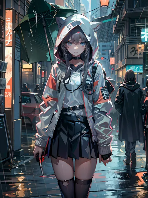 （tmasterpiece，best qualtiy：1.3），extremly high detail，复杂，8K，solo，The expression is sad，the wallpaper，cinmatic lighting，hoody， Short pleated skirt， the street， exteriors，Heavy rain， neonlight