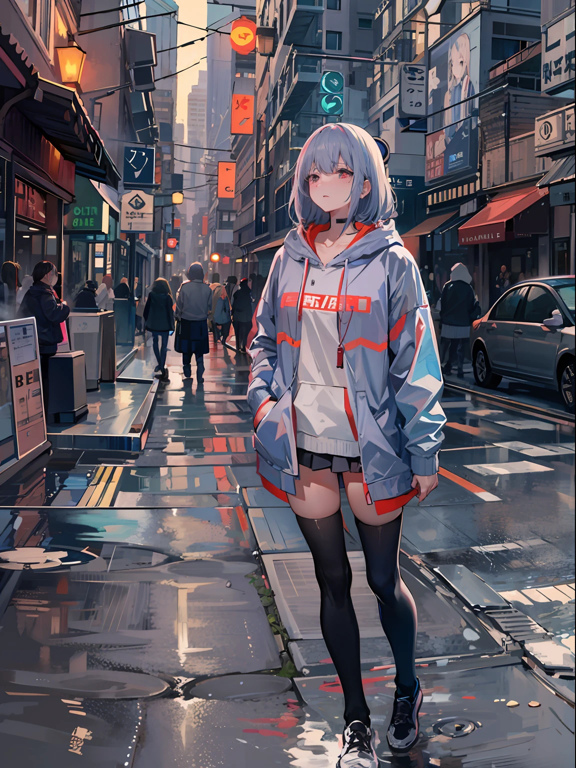 （tmasterpiece，best qualtiy：1.3），extremly high detail，complex，8K，Solo，The expression is sad，the wallpaper，cinmatic lighting，hoody， Short pleated skirt， the street， exteriors，heavy rain， neonlight