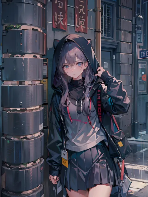 （tmasterpiece，best qualtiy：1.3），extremly high detail，复杂，8K，Solo，Clear eyes，The expression is sad，the wallpaper，cinmatic lighting，hoody， Short pleated skirt， the street， exteriors，heavy rain， neonlight