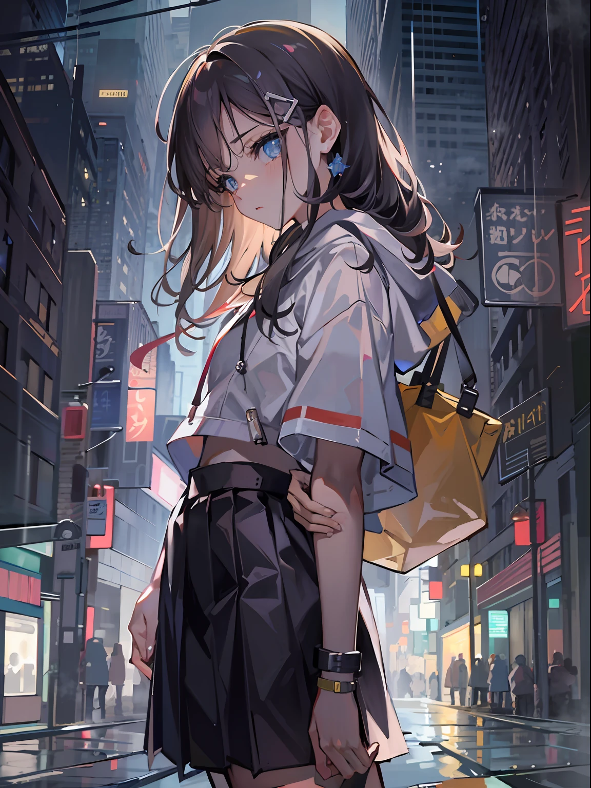 （tmasterpiece，best qualtiy：1.3），extremly high detail，复杂，8K，Solo，Clear eyes，The expression is sad，the wallpaper，cinmatic lighting，hoody， Short pleated skirt， the street， exteriors，heavy rain， neonlight