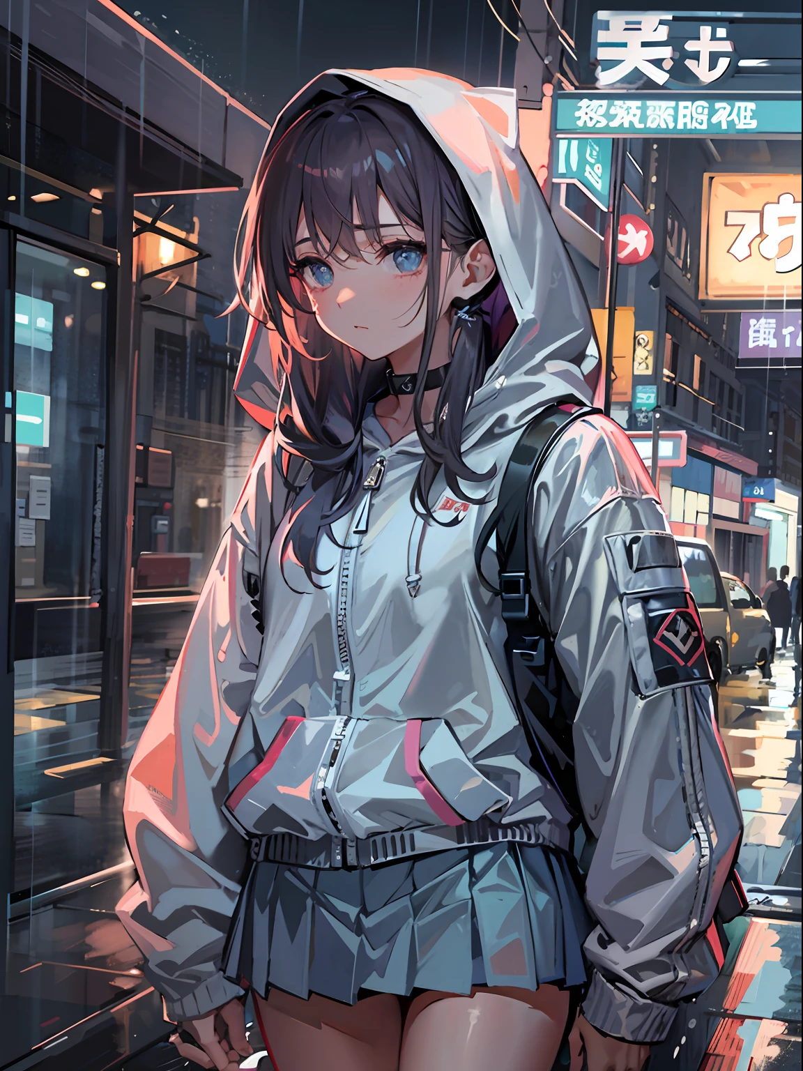 （tmasterpiece，best qualtiy：1.3），extremly high detail，complex，8k，独奏，Clear eyes，The expression is sad，the wallpaper，cinmatic lighting，hoody， Short pleated skirt， the street， exteriors，heavy rain， neonlight