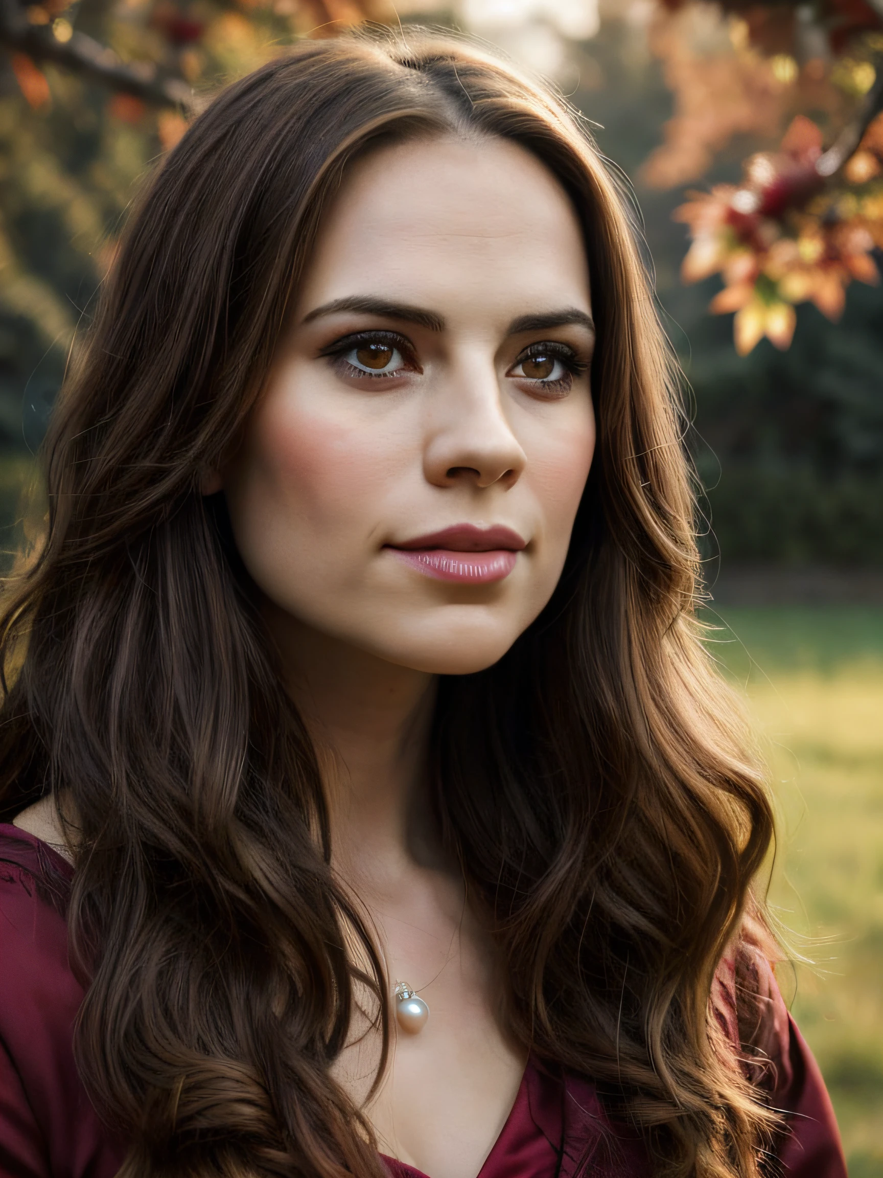 (Thirty year old) woman, standing, wearing a (beautiful Renaissance dress), long legs, dreamy photo, looking straight at camera, slight smile, full lips, beautiforchard scene, Apple trees, Victorian gothic, misty, andre kohn, Canon, (Detailed features::1.2), real life. Hayley Atwell, intricate, 8k, highly detailed, (extremely detailed CG unity 8k wallpaper), ((square jaw)), (well defined jaw), (downturned lips), (detailed anatomy), Hyperrealistic full shot body image, trending on CGSociety, Intricate, High Detail, Sharp focus, dramatic, volumetric lighting, vibrant, warm colours, digital painting, intense, modelshoot style, (extremely detailed CG unity 8k wallpaper), full shot body photo of the most beautiful artwork in the world, pearl skin, professional majestic oil painting