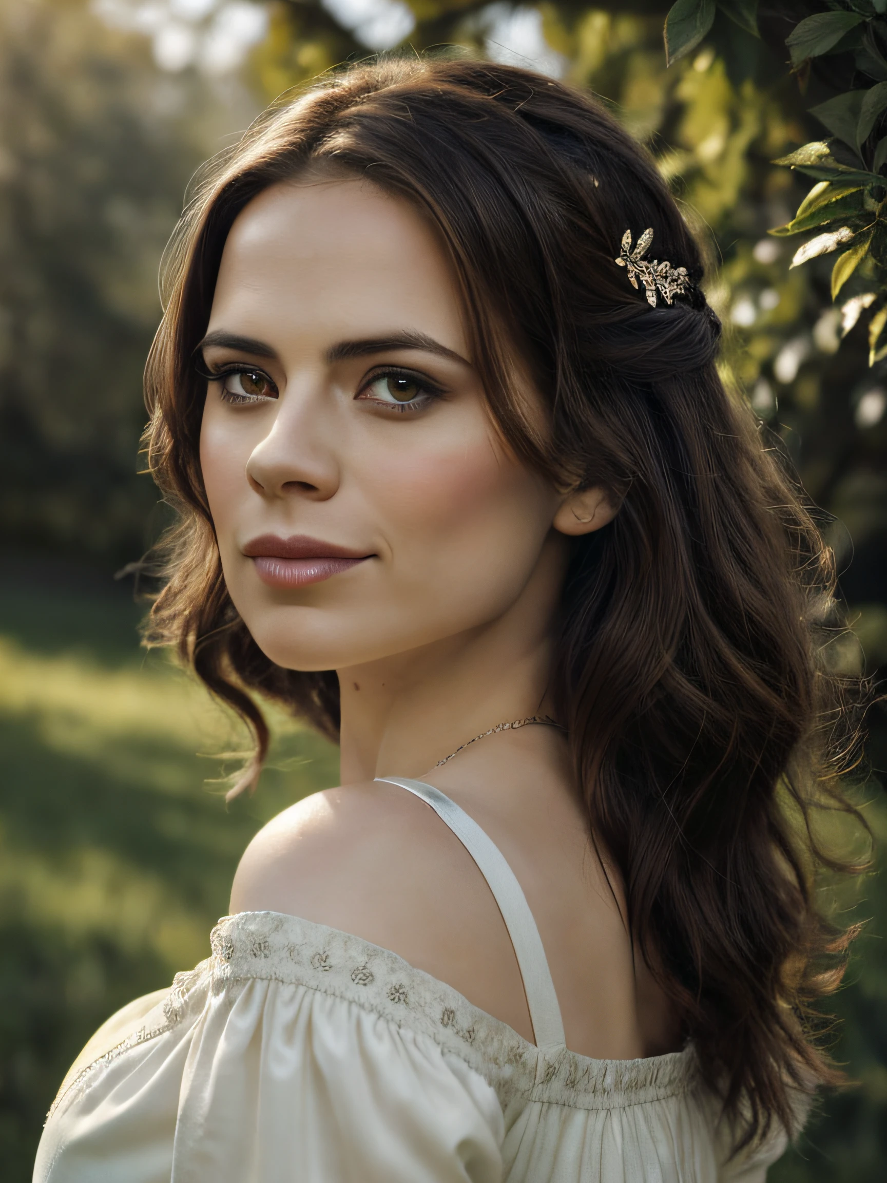 (Thirty year old) woman, standing, wearing a (beautiful Renaissance dress), long legs, dreamy photo, looking straight at camera, slight smile, full lips, beautiforchard scene, Apple trees, Victorian gothic, misty, andre kohn, Canon, (Detailed features::1.2), real life. Hayley Atwell, intricate, 8k, highly detailed, (extremely detailed CG unity 8k wallpaper), ((square jaw)), (well defined jaw), (downturned lips), (detailed anatomy), Hyperrealistic full shot body image, trending on CGSociety, Intricate, High Detail, Sharp focus, dramatic, volumetric lighting, vibrant, warm colours, digital painting, intense, modelshoot style, (extremely detailed CG unity 8k wallpaper), full shot body photo of the most beautiful artwork in the world, pearl skin, professional majestic oil painting