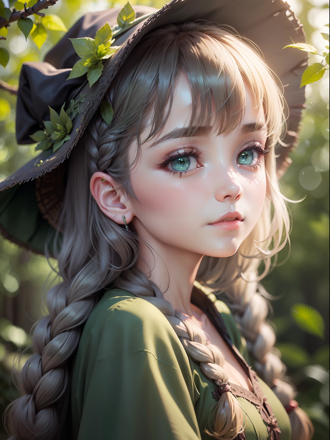 (Cute girl in braids wearing green witch hat), Simple Green Witch Hat, (Simple Green Witch Robe), Play the lute, (​masterpiece、side lights、Beautiful Eyes of Details:1.2)、(very intricate:1.3), (Realistic), in woods, ​masterpiece*portlate、realisitic、shinny skin、shinny skin、Facial light、Shiny face、(Teen girls)、Facial light、Shiny face、shinny skin、shinny skin、((portlate))、sface focus、Face Viewer、frontage, Blurry background, Blurred foreground, depth of fields, Motion Blur:1.3, Oversized shirt