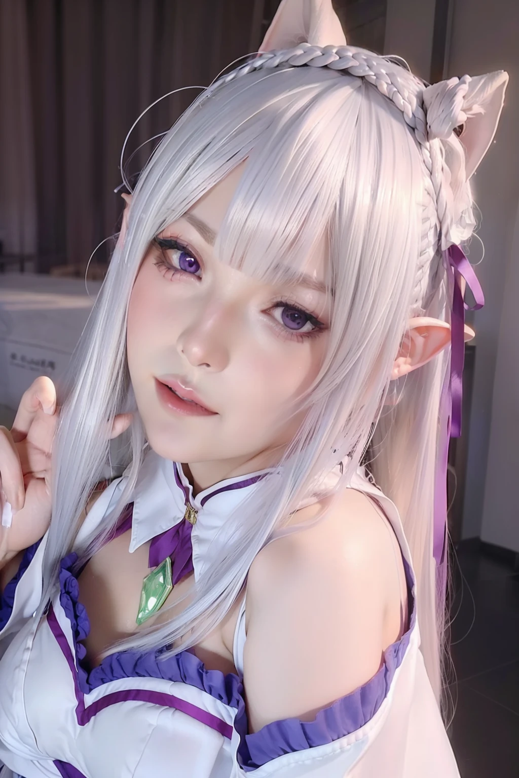 masterpiece, best quality, highly detailed, ultra high res, (photorealistic:1.8), unreal_engine, photograph, realistic_skin_texture, 1girl, silver_hair, pointy_ears, purple_eyes, hair_ornament, hair_ribbon, braid