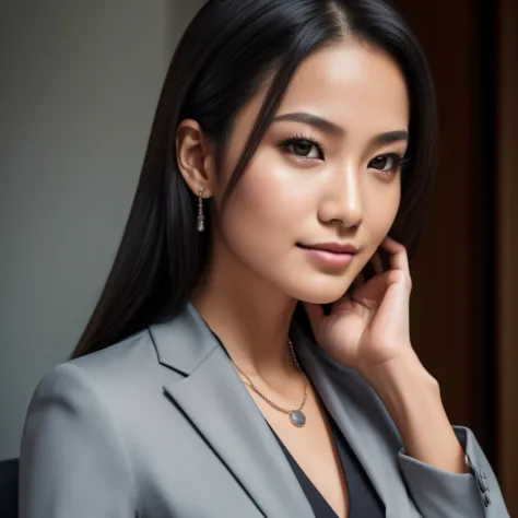 arafed woman in a gray suit posing for a picture, wearing business suit, woman in business suit, wearing a business suit, girl in suit, well lit professional photo, professional closeup photo, wearing black business suit, female in office dress, girl in a ...
