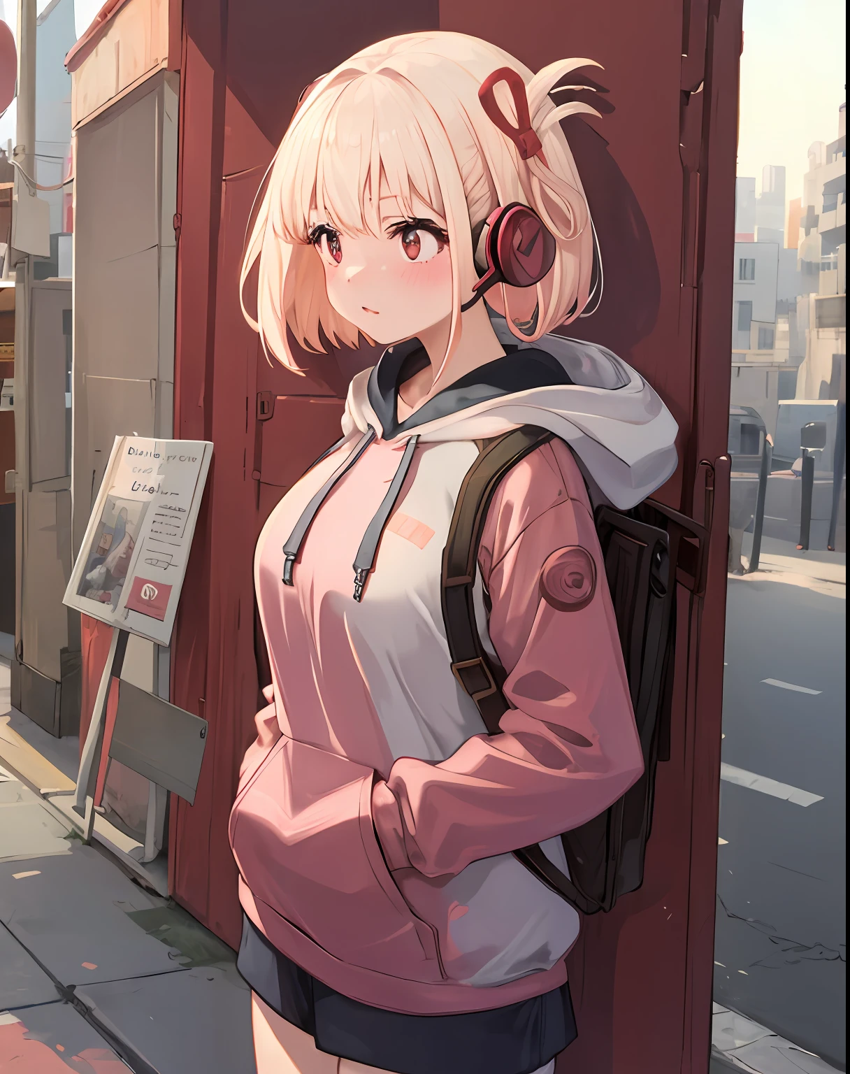 1girl,large breasts, 
outdoors,cityscape, street,standing,cowboy shot, 
(hoodie),headphones around neck, 
blush,