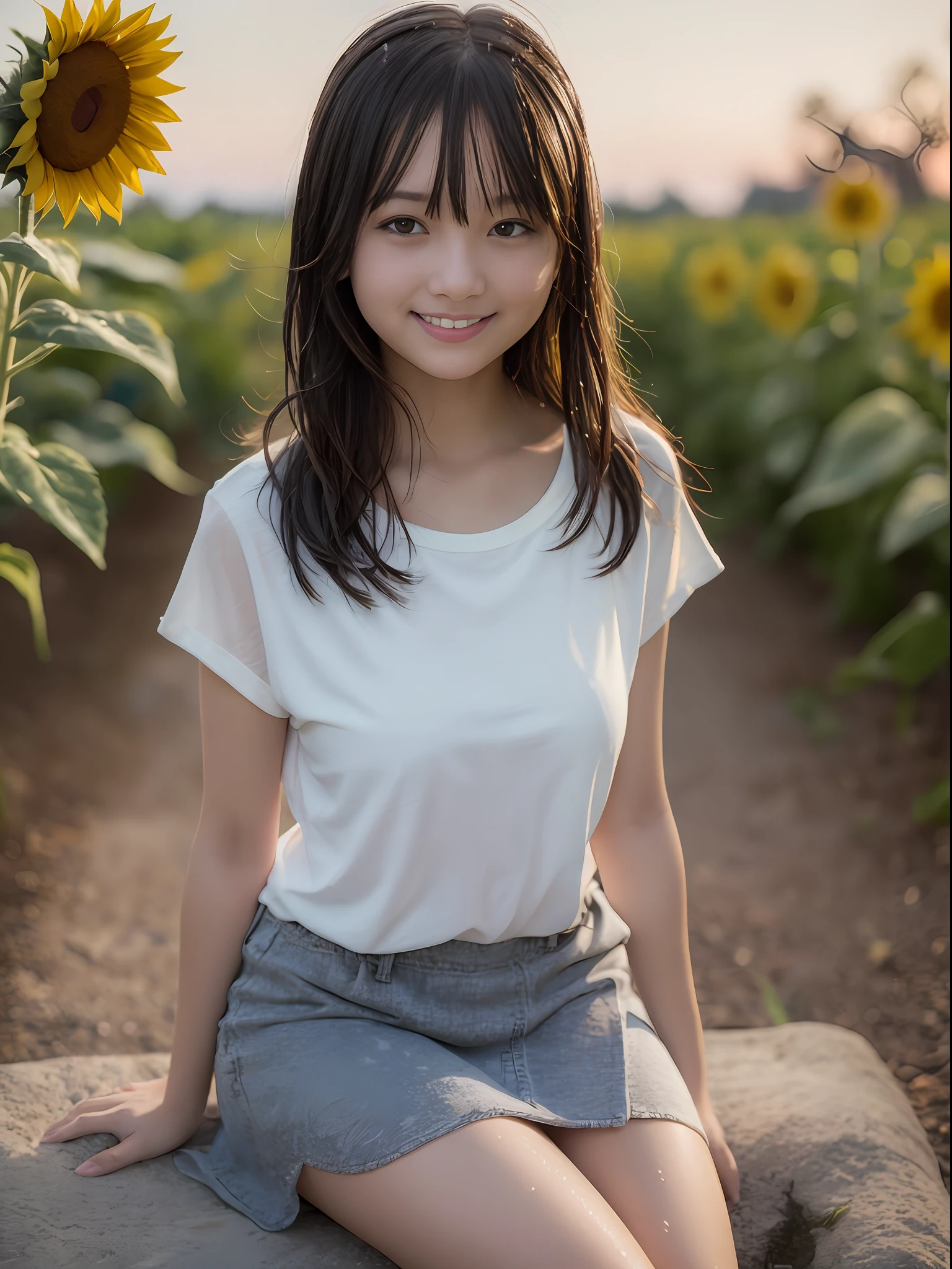 portrait of the (Wet milk:1.2) Dark hair, Woman sitting on porch, [ : White shirt : 18], White top T-shirt shows through, Slate atmosphere, Cinematic, dimmed colors, dark shot, Muted colors, Film grainy, lut, Insane details, Intricate details, hyperdetails, gros-plan, Twilight、Happy smile、realisitic、Live action、Orange sunset、sunflowers fields、Happy smile、the background is blurred. Splash Art　Happy smile　realisitic　Live action　17-year-old woman　Looking at the camera　Close to face　Sheer dresses　Background ball bokeh、Orange sunset、In the sunflower field　Summer attire　Shoulder out　a miniskirt　Standing posture