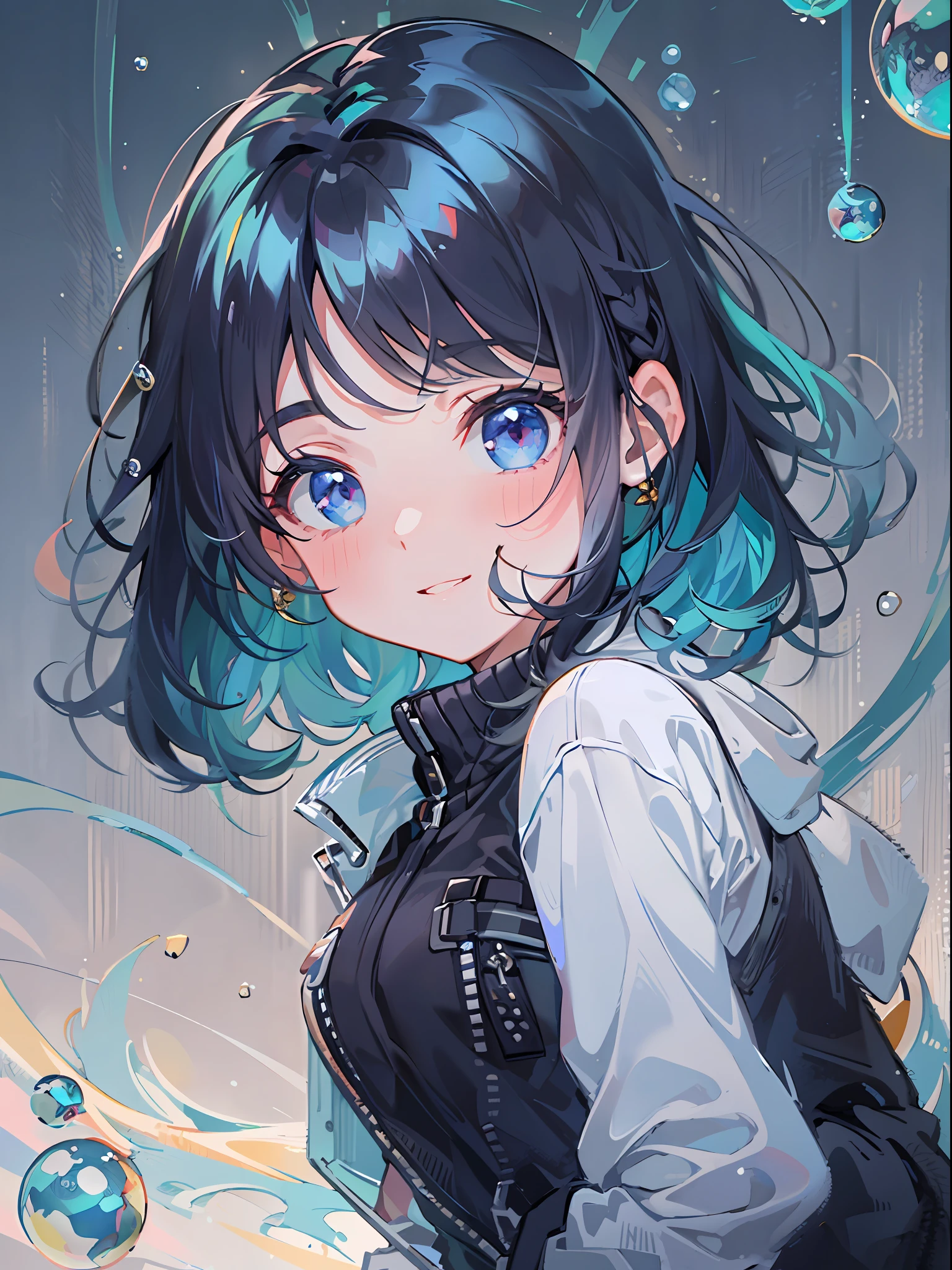 ((top-quality)), ((​masterpiece)), ((Ultra-detail)), (extremely delicate and beautiful), girl with, solo, cold attitude,((Black jacket)),She is very(relax)with  the(Settled down)Looks,A darK-haired, depth of fields,evil smile,Bubble, under the water, Air bubble,bright light blue eyes,Inner color with black hair and light blue tips,Cold background,Bob Hair - Linear Art, shortpants、knee high socks、Camisole inner shirt、Hands in pockets