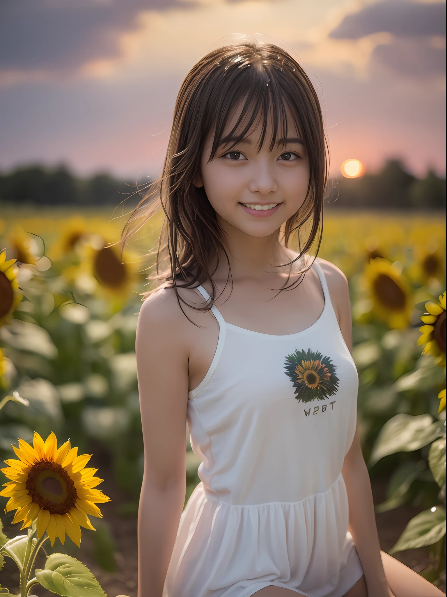 portrait of the (Wet milk:1.2) Dark hair, Woman sitting on porch, [ : White shirt : 18], White top T-shirt shows through, Slate atmosphere, Cinematic, dimmed colors, dark shot, Muted colors, Film grainy, lut, Insane details, Intricate details, hyperdetails, gros-plan, Twilight、Happy smile、realisitic、Live action、Orange sunset、sunflowers fields、Happy smile、the background is blurred. Splash Art　Happy smile　realisitic　Live action　17-year-old woman　Looking at the camera　Close to face　Sheer dresses　Background ball bokeh、Orange sunset、In the sunflower field　Summer attire　Shoulder out　a miniskirt　Standing posture