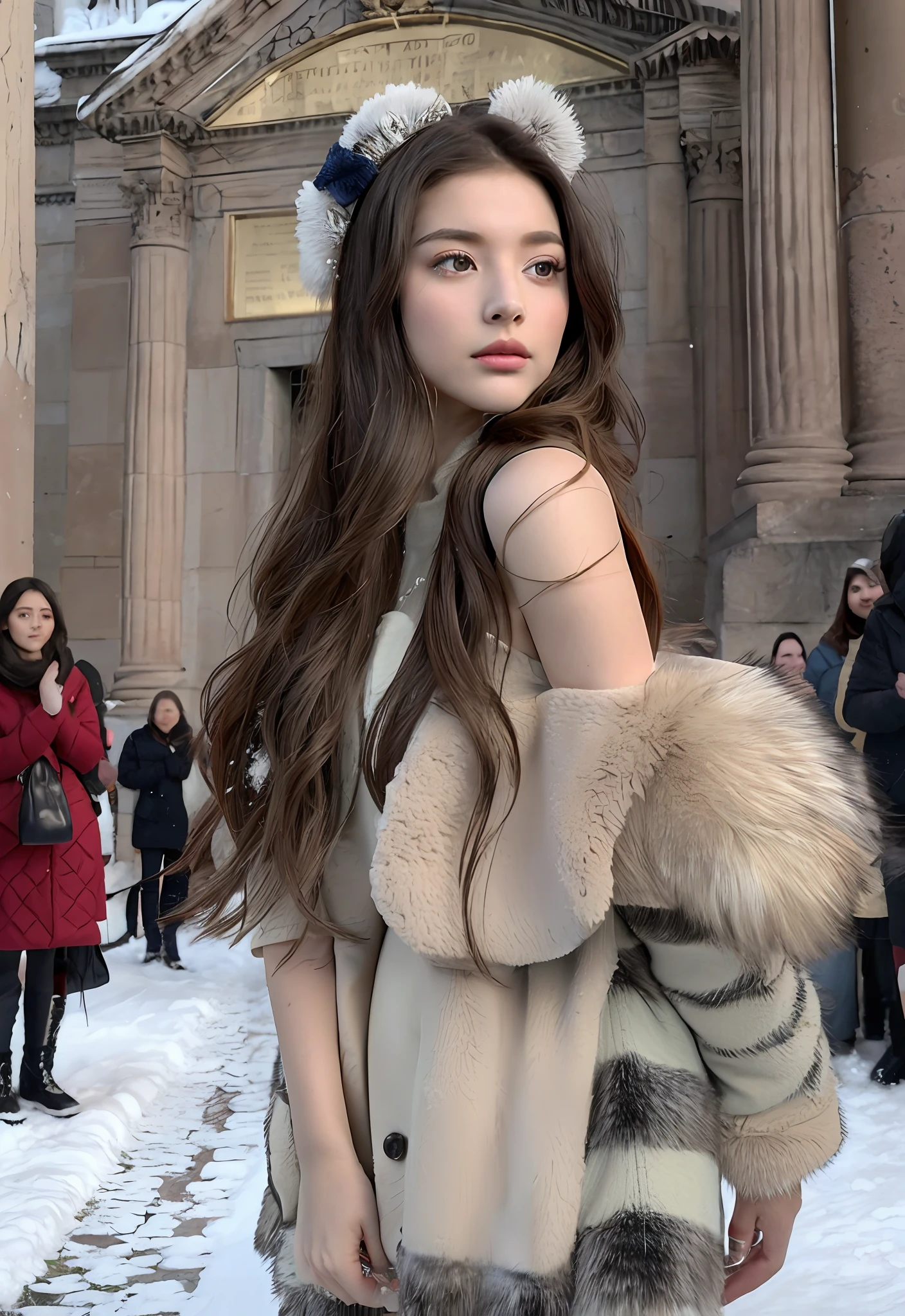 (Concentration positive, Photo originale), (2 filles,duo,nombril,Entrez au Panthéon de Rome,foule,hiver,neige),Portraits féminins surréalistes de David Hockney et Alphonse Mucha, art fantastique,Portez de magnifiques fourrures, (Pupille bleue: 1.4, pupilles brillantes: 1.4, gros yeux: 1.1), fidélité des photos, Éclairage dynamique, Station artistique, affiche pour, éclairage volumétrique, visage très détaillé, 4k, primé, ombres, discret, (tenue officielle: 1.4, magnifique fourrure, vêtements complexes, Fourrures), en regardant la caméra, Coup de buste, (visage réaliste)),