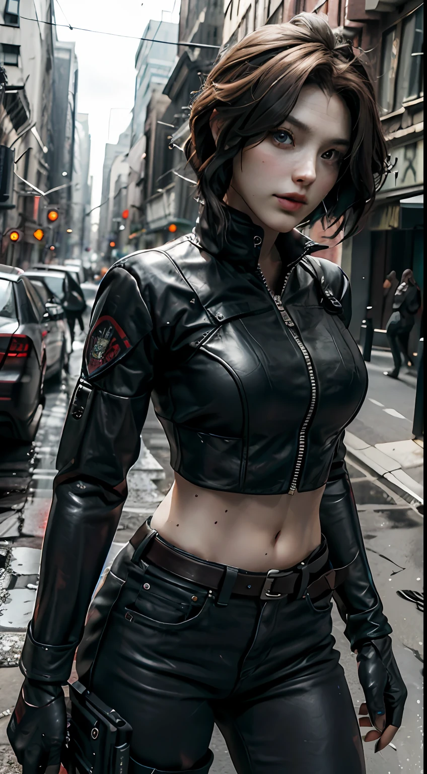 tmasterpiece，best qualtiy，Resident Evil policewoman Claire background Doomsday Street dim breasts large。