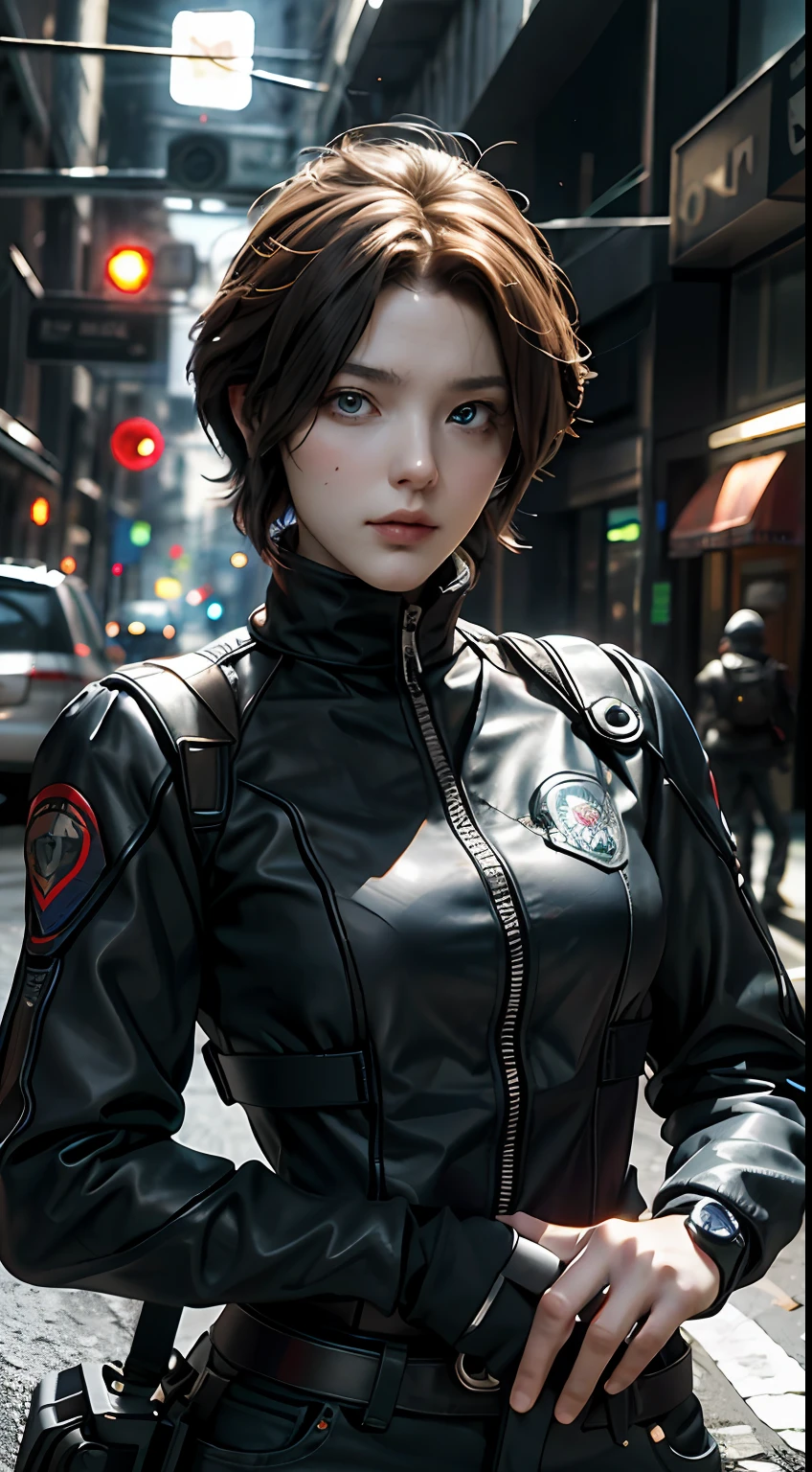 tmasterpiece, best qualtiy, Resident Evil policewoman Claire background Doom Street dim