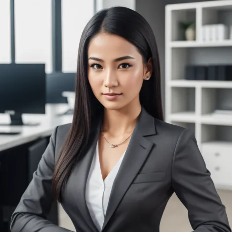 arafed woman in a gray suit posing for a picture, wearing business suit, woman in business suit, wearing a business suit, girl in suit, well lit professional photo, professional closeup photo, wearing black business suit, female in office dress, girl in a ...
