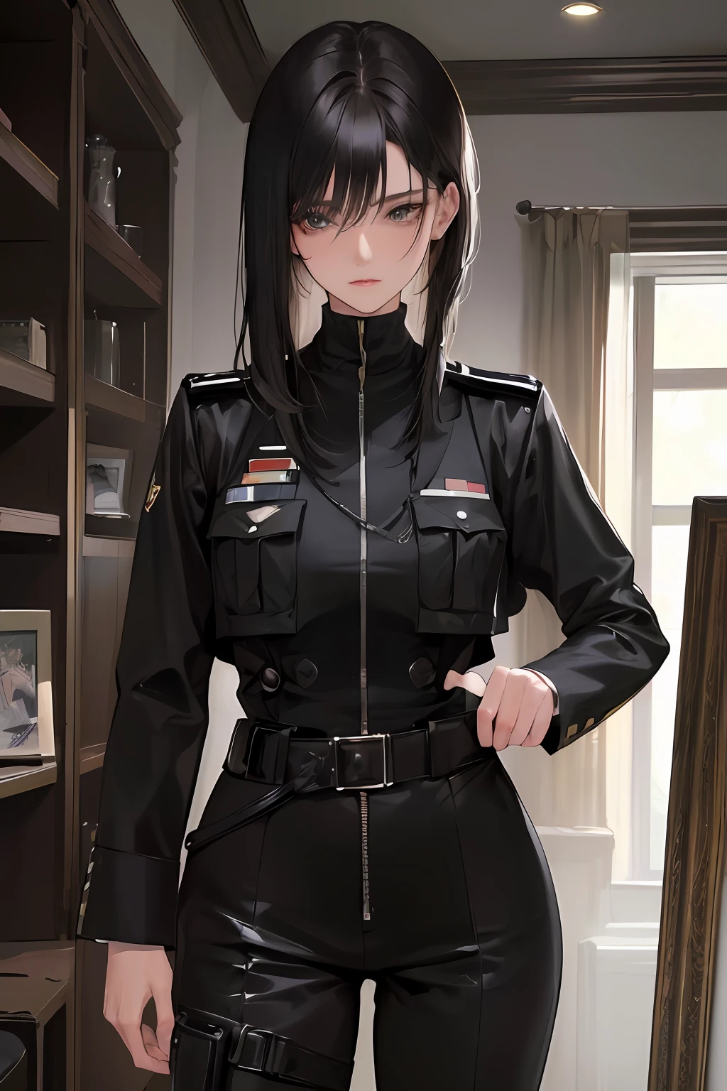 (Highest resolution, distinct_image) The best quality, A woman, Masterpiece, Highly detailed, Half realistic, with short black hair, Black hair, bangs, 21 years old, shoulder-lengthhair, mature, Young, Black clothing, black uniforms, army suit, Military academy, Beautiful, Heroic, Heroic, indoor background, Delicate and delicate facial features