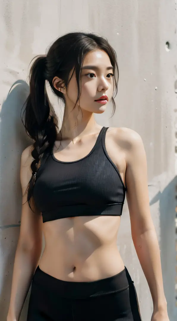 Girl running in the park,(Expressed with a glossy iridescent metallic  luster、Bright sports bra and leggings.:1.3).Glossy light brown and orange  striped shorthair,disheveled ponytail,Swaying breasts、Lovely woman,Perfect  round face - SeaArt AI