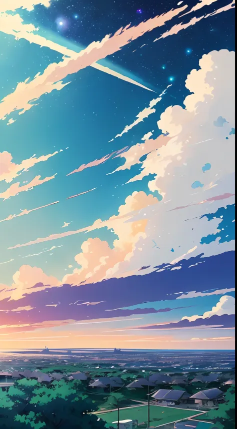 There is a picture of the sky with clouds and stars, space sky. By Makoto Shinkai, Anime Sky, Anime Clouds, Blue Sea. Makoto Shi...