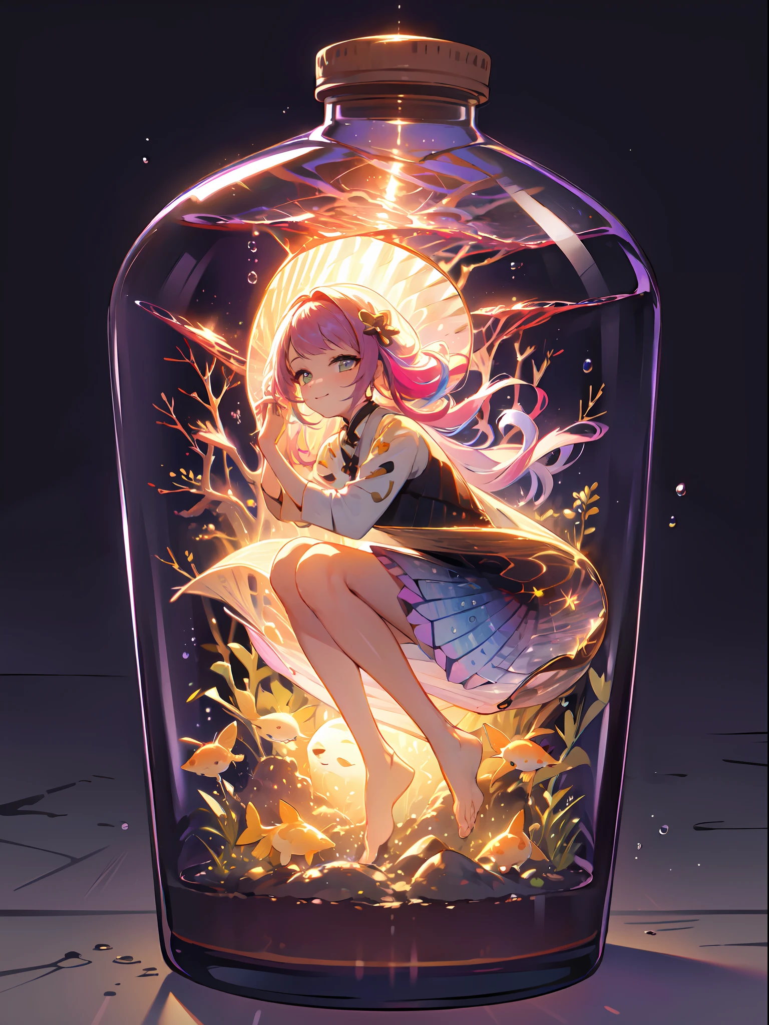 perfect eyes:1.2, detailed eyes:1.4, smile, sitting, air bubble, (masterpiece:1.6, best quality), phgls, /bottle, in container, (finely detailed beautiful eyes: 1.2), 1girl, solo, big breasts, purple hair, pink hair, two-tone hair, underwater, floating hair, (((masterpiece))),(((best quality))),(((extremely detailed))), illustration, mysterious, vivid color, shiny, full body, barefoot, long hair tranquil nature, koi, Underwater, close up, Dynamic actions, Lens perspective, sit cross-legged and lean against the bookshel, volumetric lighting, multi-color eyes, detailed eyes, hyper detailed, light smile, highly detailed, beautiful, small details, ultra detailed, best quality, intricate, 4k, 8k, trending on artstation, good anatomy, beautiful lighting, award-winning