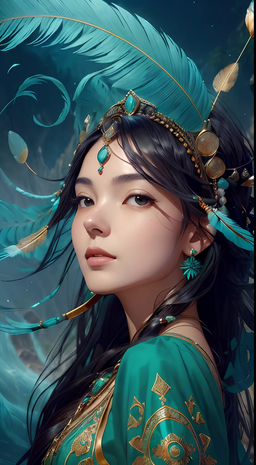 (highest quality, award-winning, masterpiece: 1.5), ultra-high resolution, (a fair-skinned girl: 1.2), long black hair, long hair floating (gorgeous face), calm, green long dress, turquoise, tribal ornaments, (feathers in hair: 0.4), headdress: 0.33, emerald, obsidian, detailed clothes, realistic skin texture, (floating particles, water swirls, embers, rituals, whirlwinds, wind: 1.2), clear focus, volumetric lighting, good highlights, good shadows, subsurface scattering, complex, highly detailed, ((film)), dramatic, (realism: 1.5), background canyon,