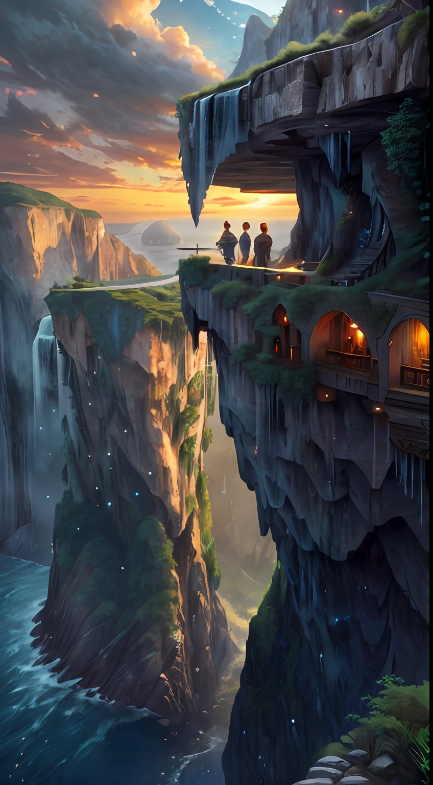 Movie, Relaxation Concept Art, Very Detailed Multiplayer Scene Interactivity, (Man), Woman, Beautiful Artwork Illustration, Detailed Landscape, Highly Detailed Scene, Environmental Design Illustration, Nature, Center Epic Building, Warmth, Night Glow, Original, HDR, (Cliff, Waterfall, Abyss, Rock, Cliff Edge House:1.3), Movie, Slate Grey, Dramatic Light, Architecture, Man Woman, Post-Impressionism, Key Vision, Biophilic Tanzania Bridge, At Twilight, Hair Light, Hearthstone artwork, Unreal Engine