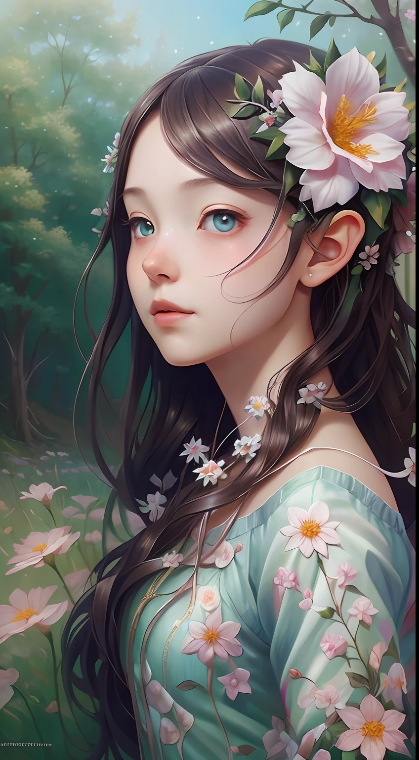 There is a digital painting，A girl with flowers in her hair, Deviantart ArtStation CGSCOSIETY, digital fantasy art ), Fantasy art Behance, hyperrealistic fantasy art, Beautiful digital artwork, Elf Girl, Realistic fantasy illustration, detailed fantasy digital art, flod, digital fantasy art, Beautiful digital illustration, Realistic fantasy artwork, stunning digital illustration