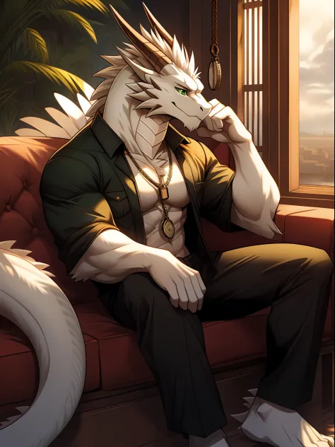 Oriental White Dragon（species），Casual attire，Deep green eyes，toned figure，Overcast personality，Holding a pocket watch，sitting in the couch，Holding a ring