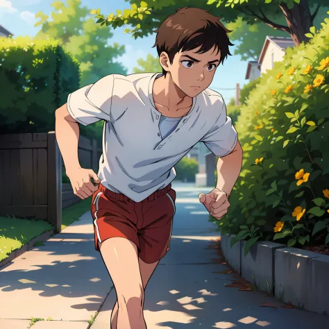 A boy with，short detailed hair，Wear summer clothes，facing at camera，Nervous，motionblur，Run around the yard，The upper part of the...