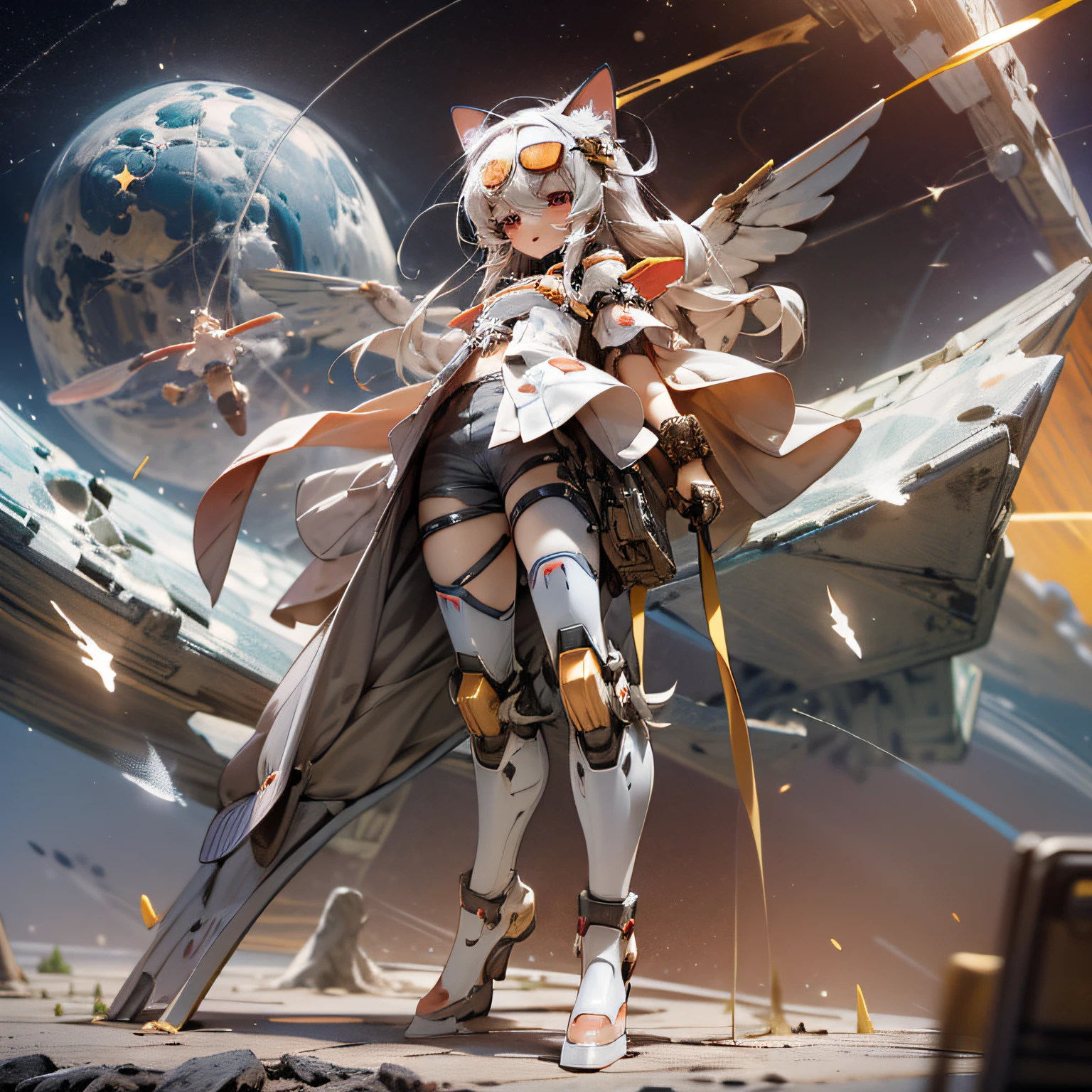 lean, chibi, Full body, Minimake, Mecha Body, Mecha legs, My favorite cat ears,Mecha Wings, Fly among the stars,outer space