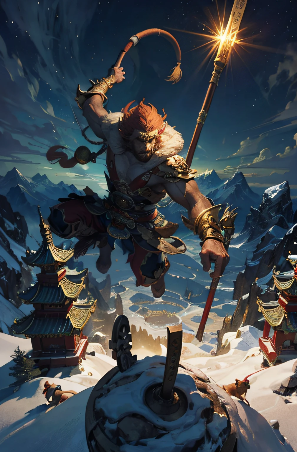 (highres:1.4),official art, unity 8k wallpaper, ultra detailed, beautiful and aesthetic, masterpiece, best quality, realistic, (fractal art), epic scene, highres, (masterpiece), (best quality), pov from above, Sun Wukong, ([golden:red]:0.4) fur, ([heavy Chinese armor:red cape]:0.4), (one hand holding the Golden Cudgel:1.2), ([monkey king|Sun Wukong]) stomp on ground ready to fly to the top of an ancient Chinese temple ready to battle, tall ancient Chinese temple, night, night sky, (cracked ground:1.2), feet on ground, monkey walking on ground, snow and cloud on the horizon, flying,