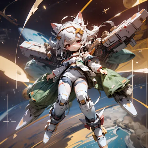 lean, chibi, full body, minimake, mecha body, mecha legs, my favorite cat ears,mecha wings, fly among the stars,outer space