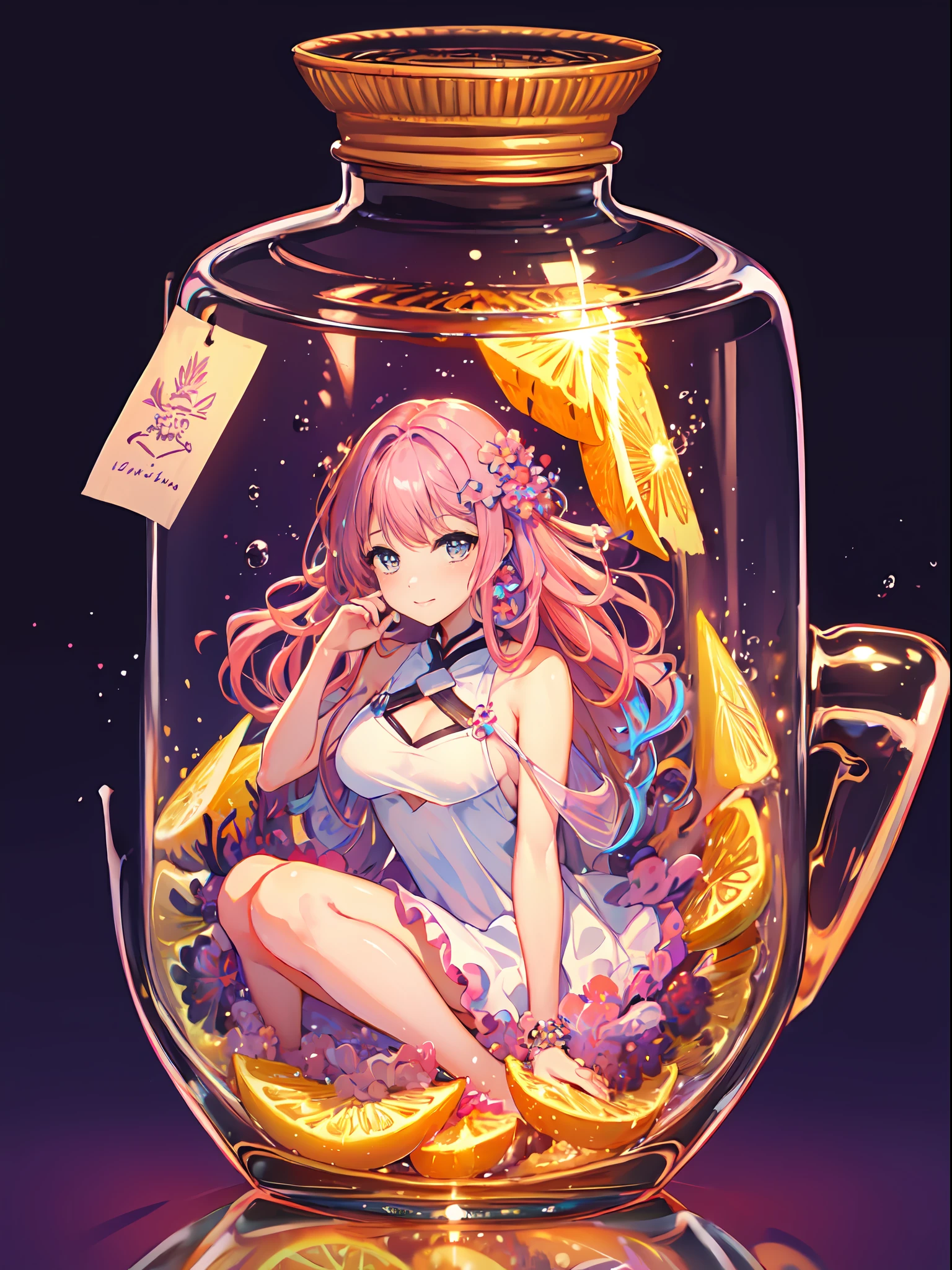 perfect eyes:1.2, detailed eyes:1.4, pineapple, smile, sitting, full body, air bubble, (masterpiece:1.6, best quality), phgls, /bottle, in container, (finely detailed beautiful eyes: 1.2), 1girl, solo, big breasts, tentacles, purple hair, pink hair, two-tone hair, underwater, floating hair