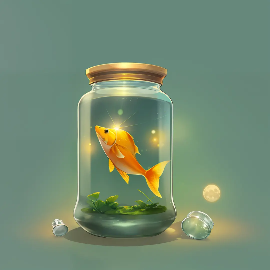 a green liquid in a glass jar with a gold fish on it and a hat on top of it, no_humans, lens_flare, moon, sun, game icon, cartoo...