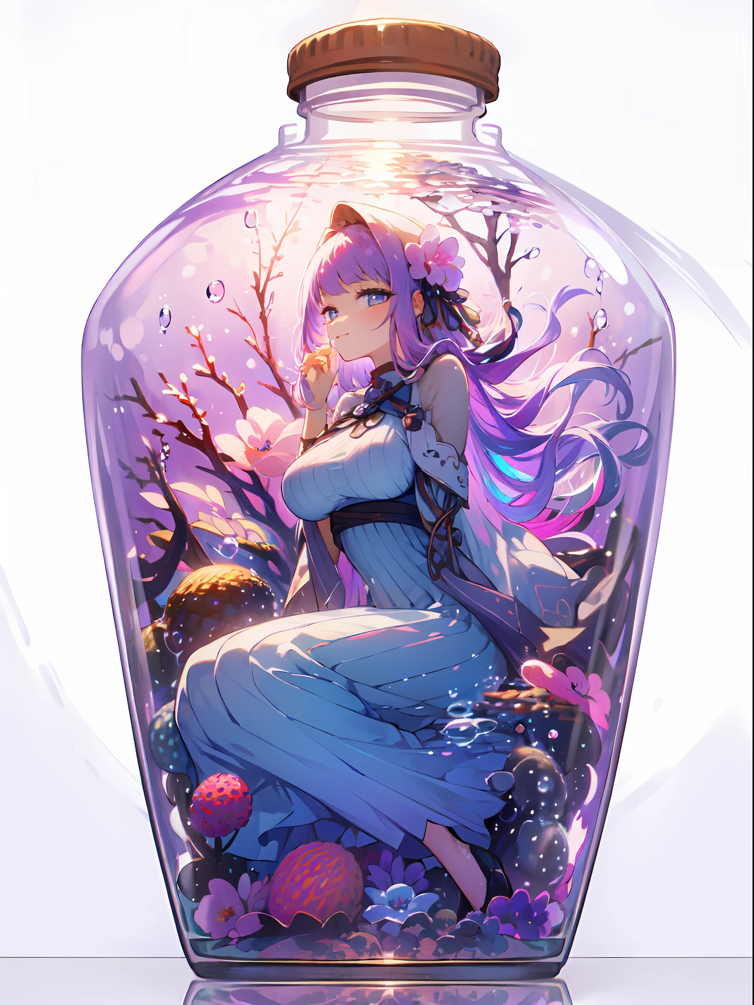 perfect eyes:1.2, detailed eyes:1.4, pineapple, smile, air bubble, (masterpiece:1.6, best quality), phgls, /bottle, in container, (finely detailed beautiful eyes: 1.2), 1girl, solo, sitting, big breasts, tentacles, purple hair, pink hair, gradient hair, underwater, floating hair